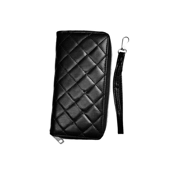Womens Black Faux Leather Wallet Zipper Clutch Billfold HandBag ID Purse strap - Picture 5 of 5